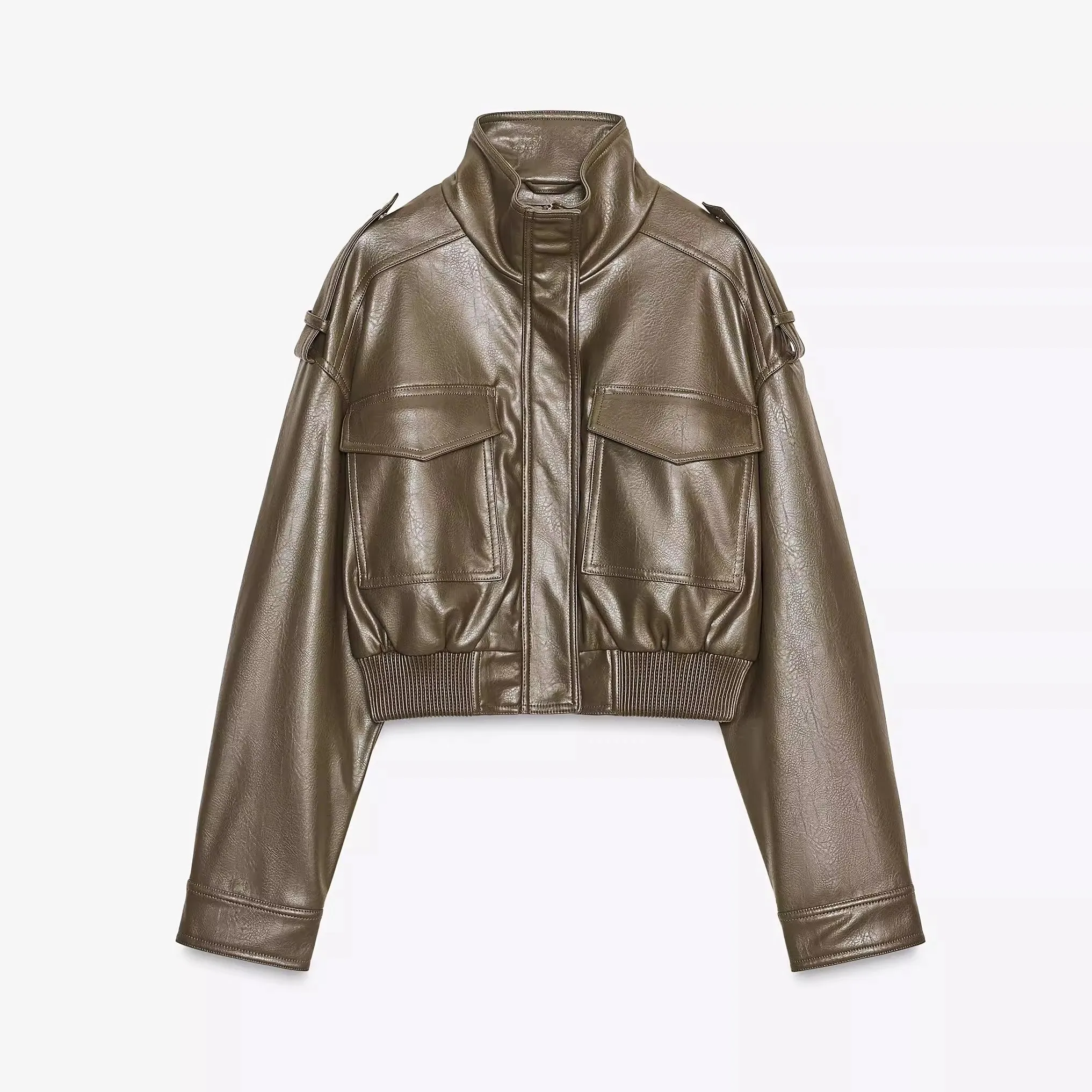

Women's Faux Leather Long Sleeve Stand Collar Jacket New Autumn Arrival Casual Commute Style Loose Fit Regular Length Zipper