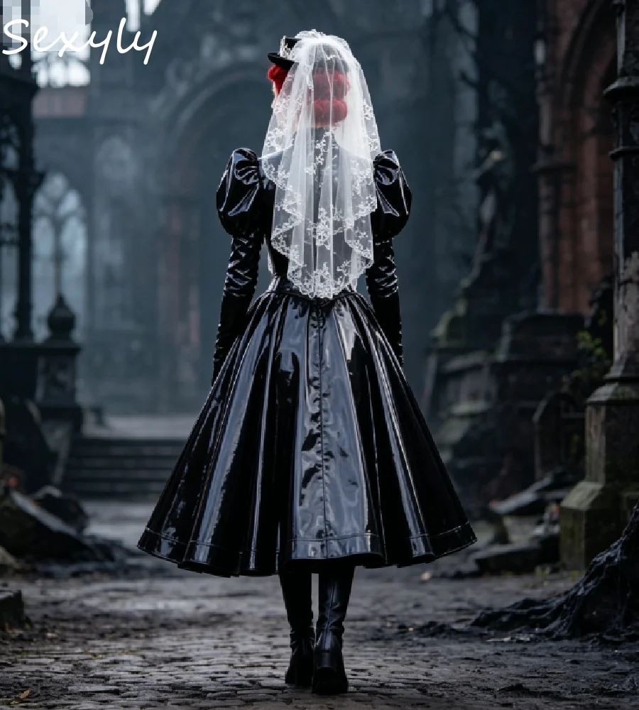 Black Latex Victorian Prom Dress A Line Puff Sleeve Halloween Vampire Costume Evening Gown Midi Cosplay Cocktail Party Mistress view 3