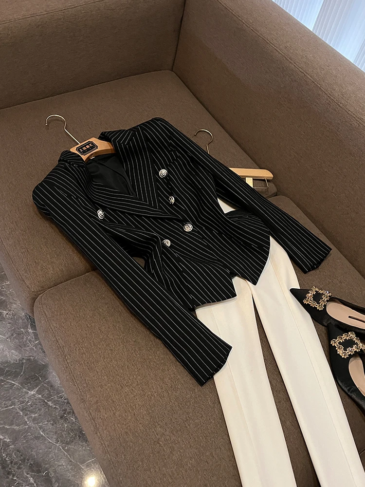 

Ele Commute Женский маленький костюм OL Striped lectual oulder Pad Ele Coat ort Sve Long Jaet OK96
