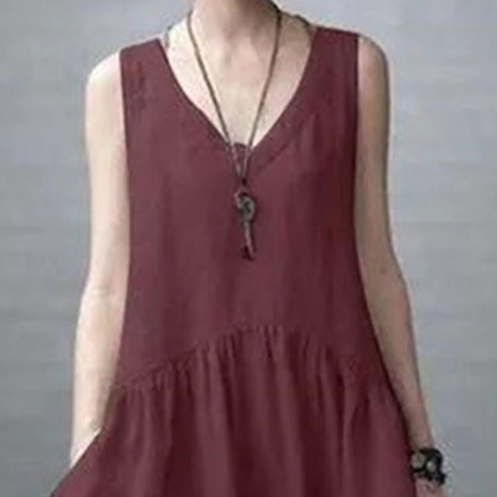 Retro Solid Cotton Linen Pleated Long Dress Woman Spring Fashion V Neck Loose Maxi Dress Summer Sleeveless Tank Boho Beach Dres