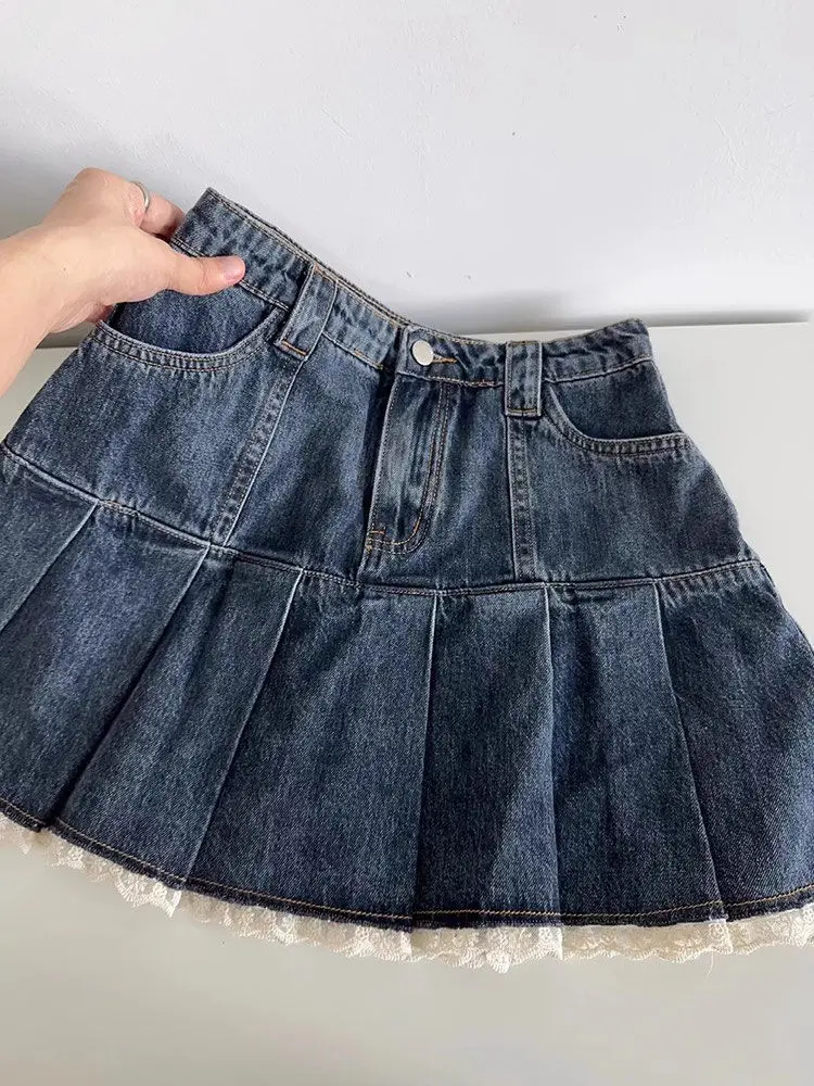 Vintage Lace Pleated Blue Denim Skirt Women Y2k Harajuku Mini Skirt Streetwear Spring Summer New A Line Tight 2000s Clothes