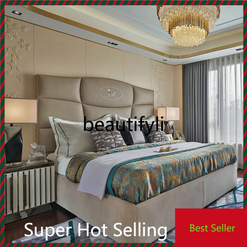 

A71 Modern fabric bed Light luxury leather wedding bed Villa solid wood double bed