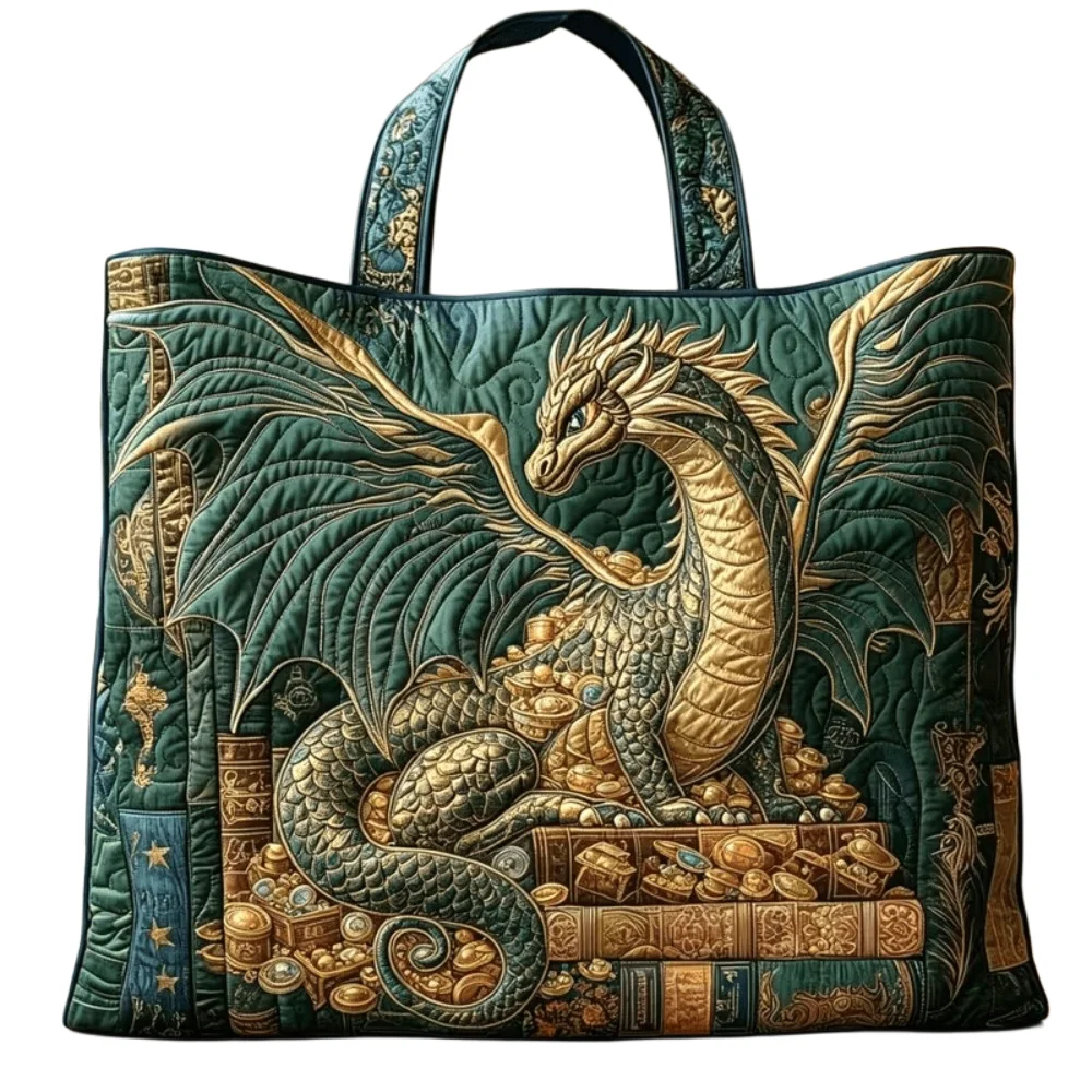 

Women Fashion Dragon Treasure Quilted Tote Bag Large Capacity Reusable Shopping Shoulder Bag for Travel Daily Use