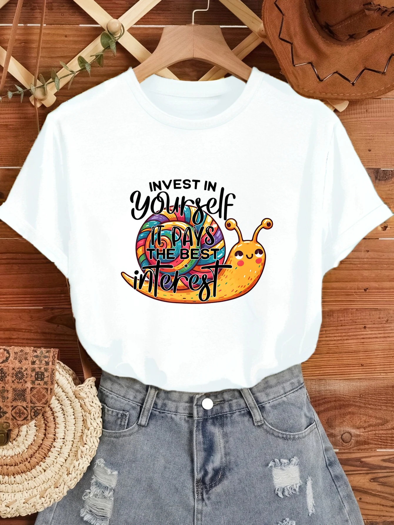

Women's T-shirts Chinese style Y2k Christmas Casual 100% cotton Colorful Snail With Text printed tee Vintage style