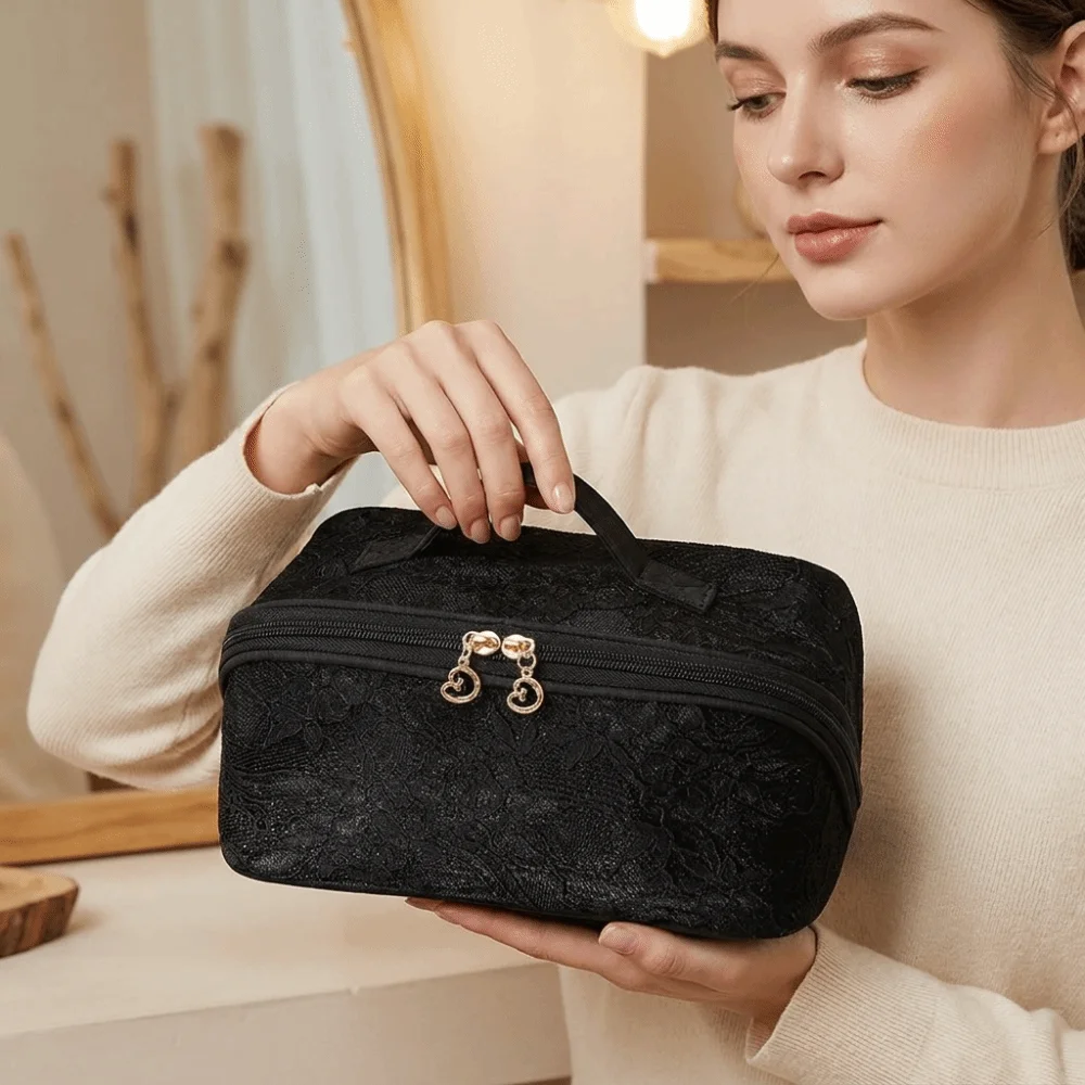 Fashion Solid Color Lace Makeup Bag Large Capacity with Handle Cosmetic Storage Bag Floral Breathable Toilet Bag Women