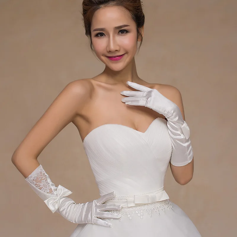 Elbow Length Wedding Gloves Paired With Bow Long Bridal Gloves