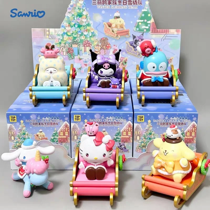 New Hot Original Sanrio Winter Sledding Team Kuromi Hellokitty Cinnamoroll Pom Pom Purin Hangyodon Kids Christmas Gifts