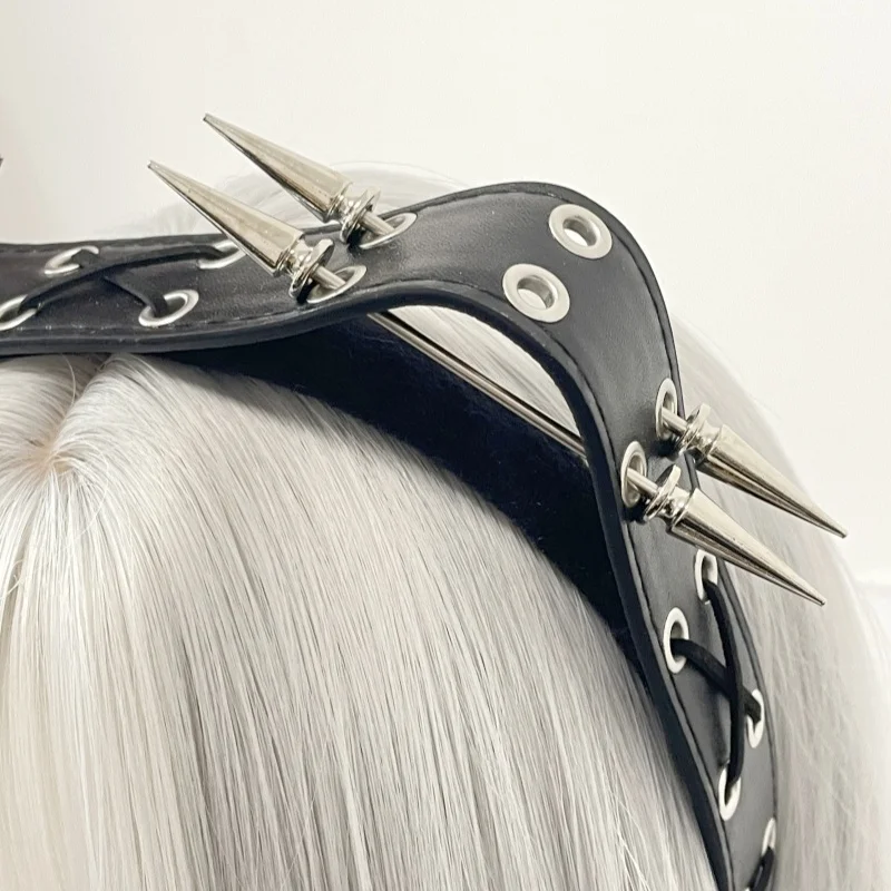 Subculture Y2K 하라주쿠 헤어 후프 Steampunk 고딕 로리타 펑크 다크 고양이 소녀 머리띠 쿨 리벳 가죽 헤어 밴드 액세서리