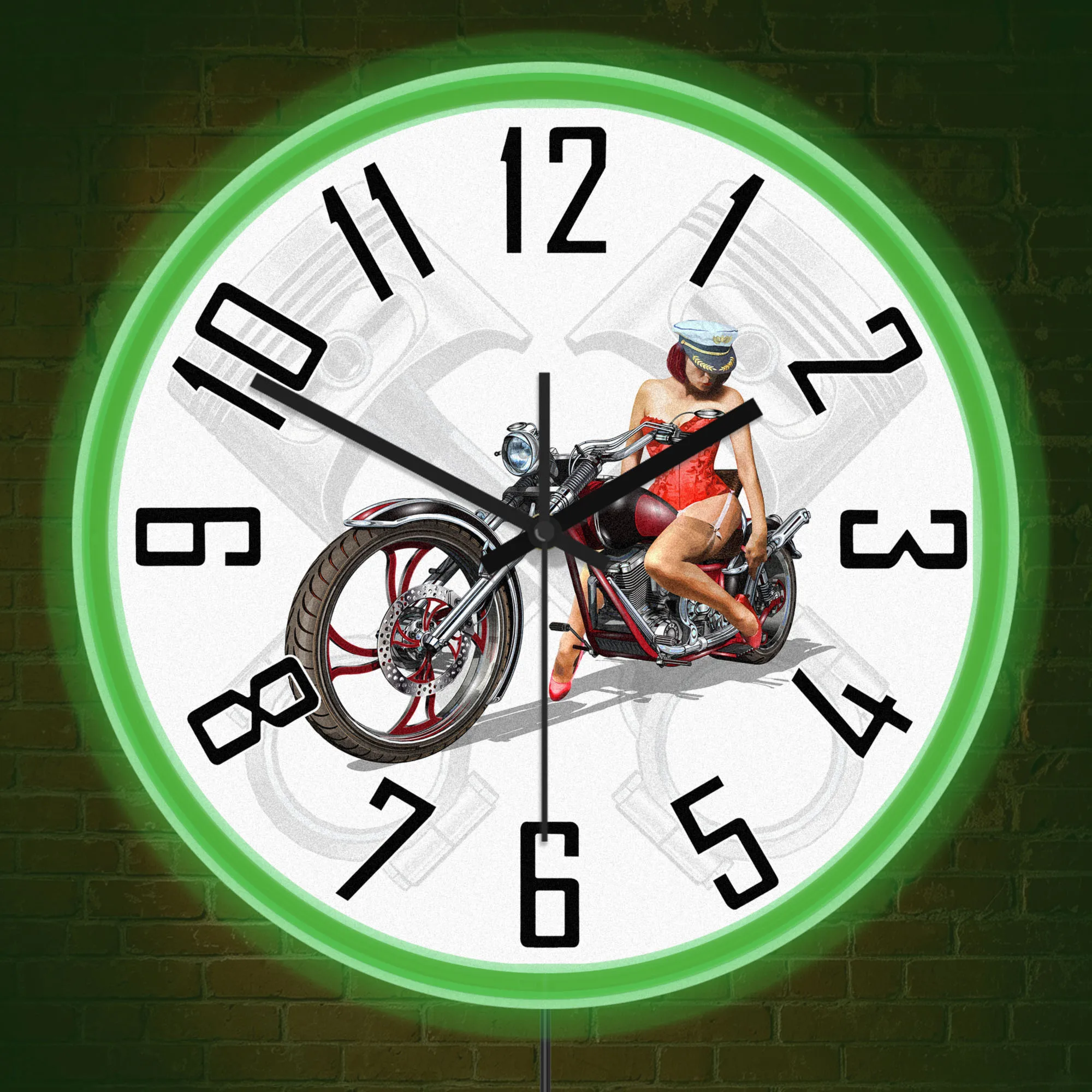 Vintage Pin Up Girl Motorcycle Neon Wall Clock for Garage Man Cave Workshop Motorcycle Biker Illuminated Sign LED Light Up Clock
