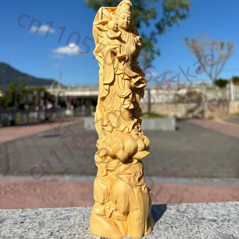 Hand-Carved Hinoki Wood Guanyin Statue - 9