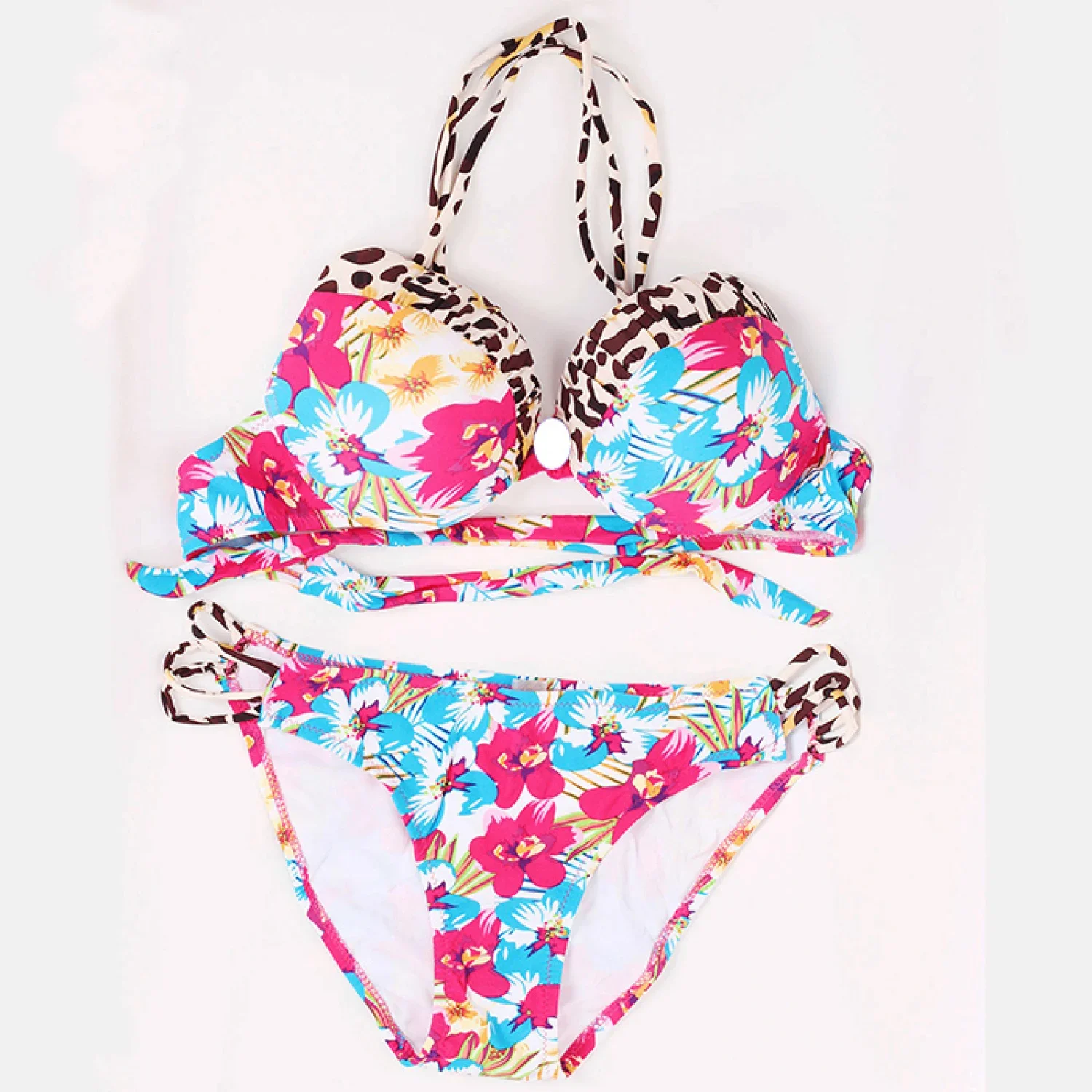 

Women Bikinis Sets Small Ruffle Swimsuit Vintage Print Swimwear Women Bathing Suit Leopard Patchwork Bikini Set String