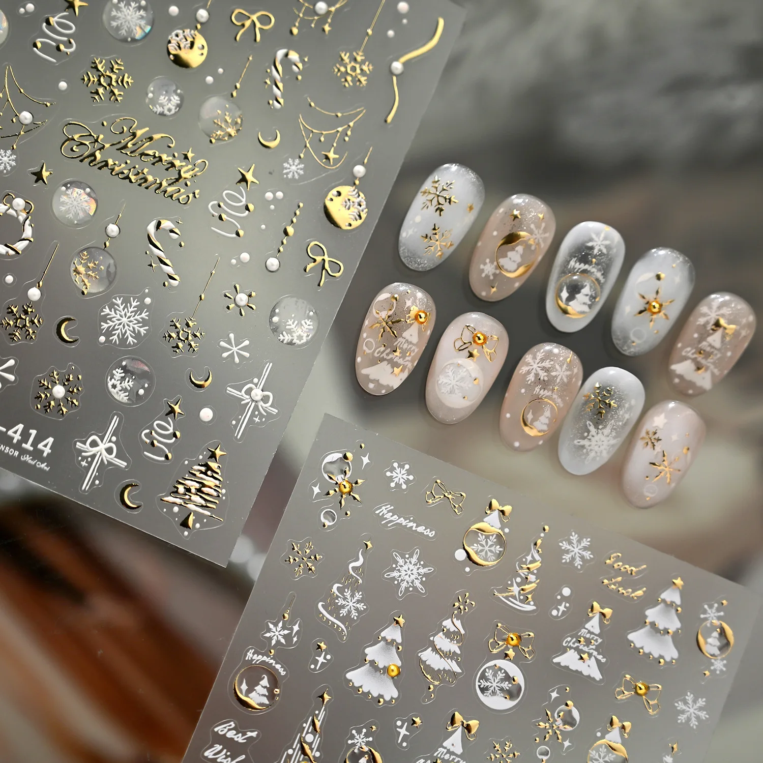 Nail Art Xmas Design - Gold Silber Weihnachts-Nagelaufkleber Weihnachtsbaum Schneeflocke Rentier