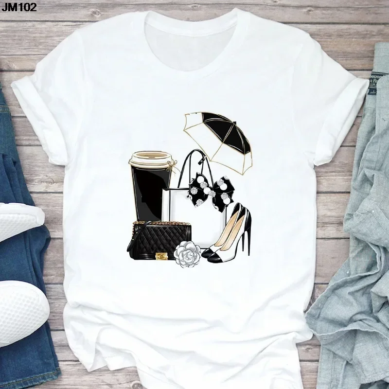 New Women's T-shirt Bag High Heels Cosmetics Pattern T-shirt Casual Printed Short Sleeve Top Harajuku Oversized T Shirt  Tops