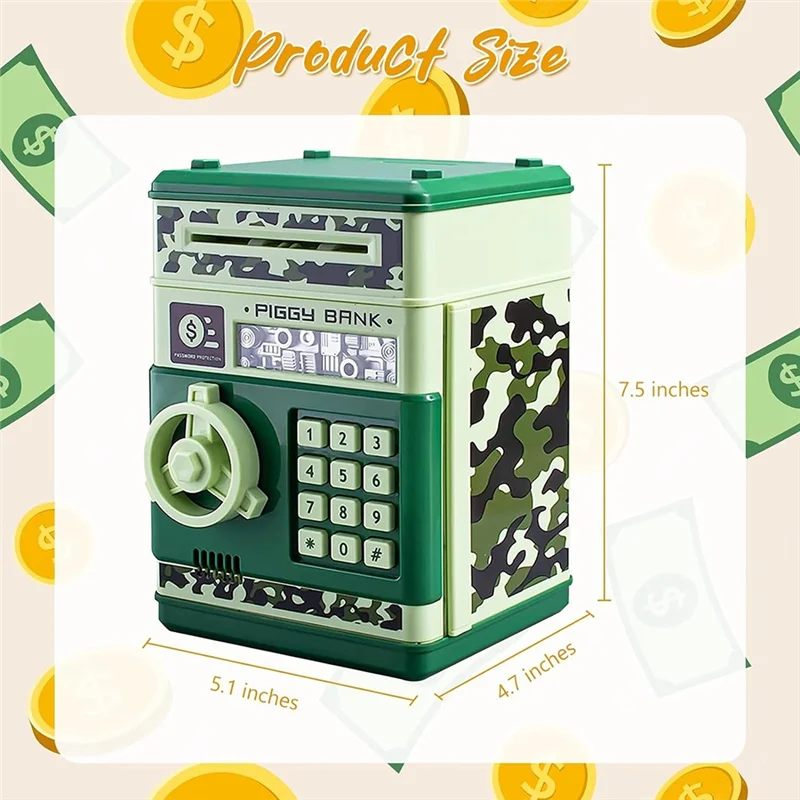 Cofrinho atm para meninos e meninas, caixa de poupança de dinheiro com senha, para adultos com slot para conta automática verde durável-b