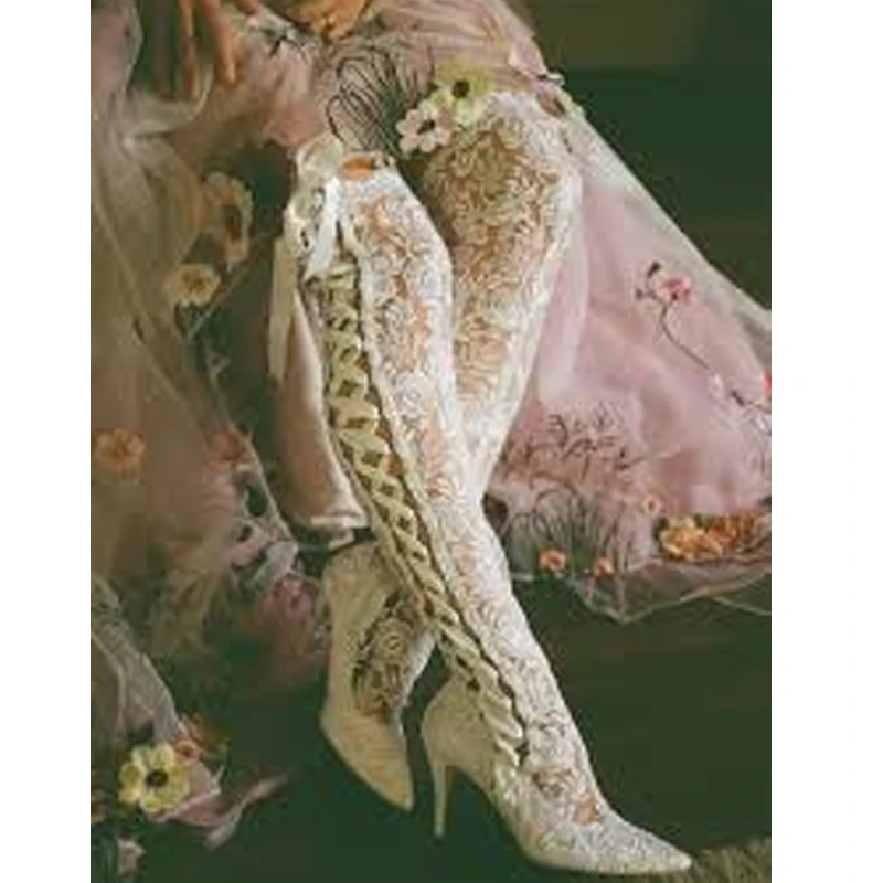 

White Lace Pointed Toe Stiletto Knee High Boots Woman Summer 2026 Lace Up Wedding Shoes Banquet Sexy High Heel Red Black