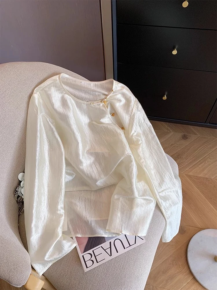 

Ele round Ne irt Heavy Embroidery Acetate Satin Fabric Spring Autumn Faionable Versatile Improved National Sle Top