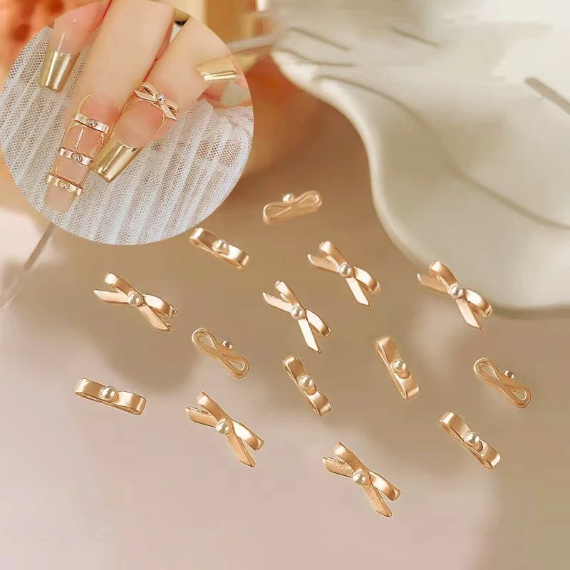 10 個ゴールドシルバーバレエリボンネイルチャーム 3D パールバレリーナ合金弓リボンネイル装飾部品 DIY レトロフレンチネイルアート部品