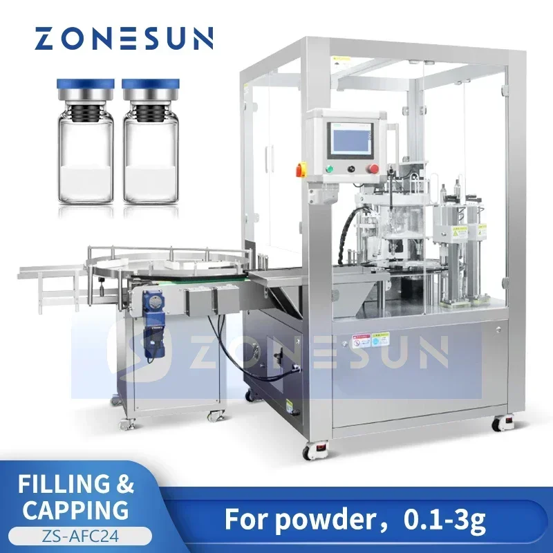 Zonesun máquina automática de enchimento e tampagem de pó liofilizado para frascos, alimentador de tampa, máquina de embalagem e enchimento de eixo helicoidal ZS-AFC24