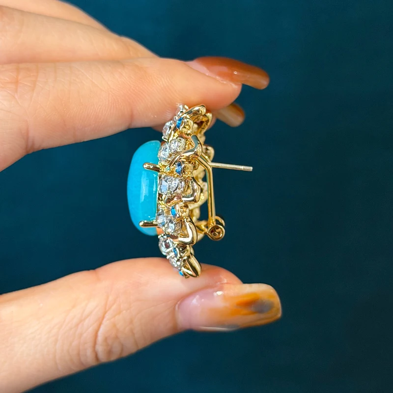 

Round Blue Enamel Vintage Stud Earring Egg Shape Designer Gold Color Rhinestone Beads Charm Antique Retro Style Women 2025 Party
