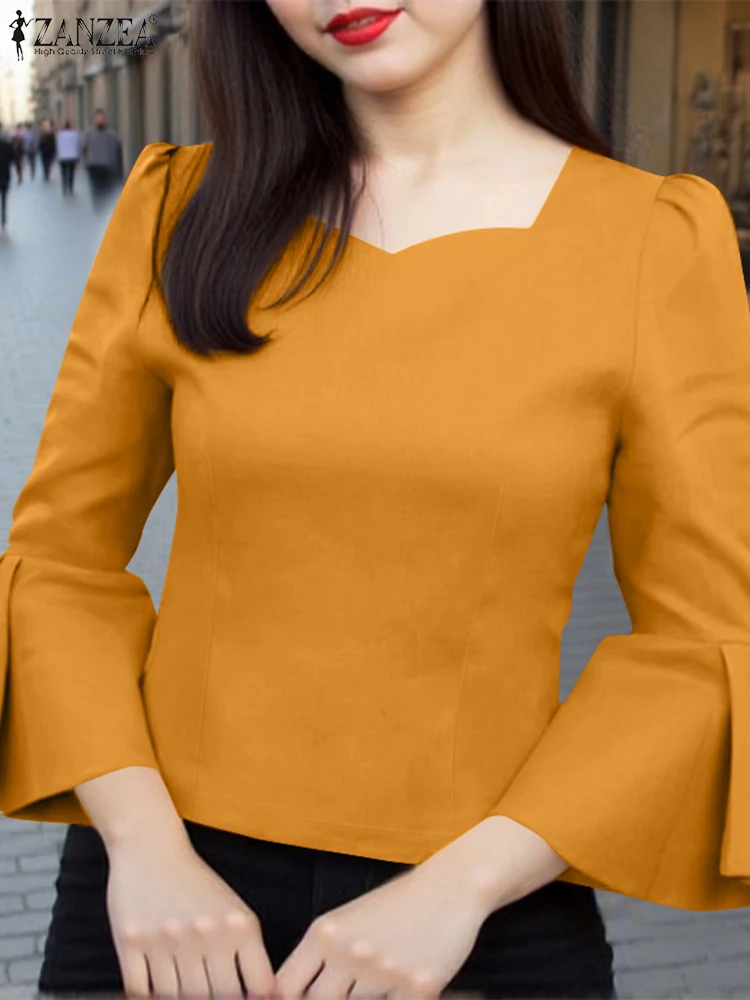 

2025 ZANZEA Elegant Summer Blouse Women 3/4 Flare Sleeve Square Collar Shirts Fashion Solid Color Tops Casual OL Blusas Feminina