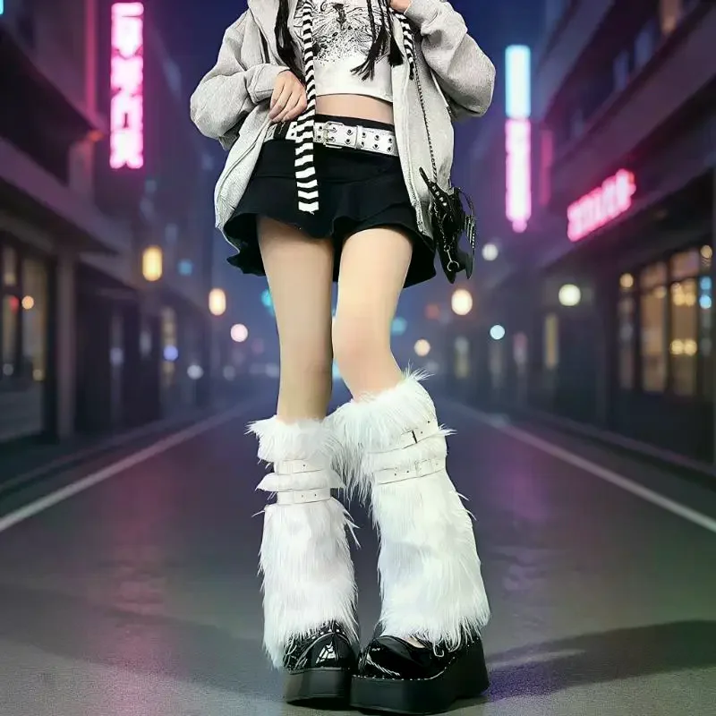 Women Leg Warmers Faux Fur Sock Boot Covers Pink Buckle Design Spice Girl Y2K Style JK Fashion Stackable Winter Wear