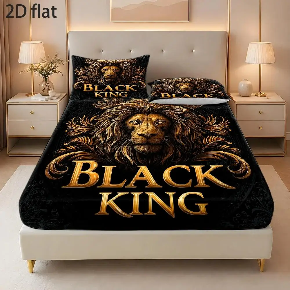 2D Digital Printed Three-Piece Bedding Set (Includes 1 Fitted Sheet + 2 Pillowcases) Mattress Protector, Fitted Elastic Style, Protective Cover, 2D Flat Priting, Mattress Protector, Black and Gold Lion King Theme, Baroque Luxury Style, Halloween, Suitable for All Seasons, Machine Washable Design, Holiday Decoration, Various Sizes, Breathable Protective Cover Plus Pillowcase