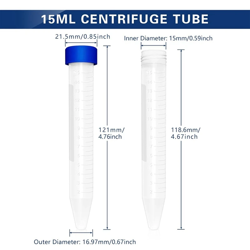 Provette da centrifuga in plastica da 15 ml con tappo a vite, 100 provette coniche da 15 ml con 1 portaprovette da centrifuga