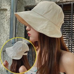 Women Summer Sunhat Cotton Ponytail Bucket Hat Outdoor Beach Adjustable Sun Visor Hats Solid Color Foldable Panama Fisherman Cap