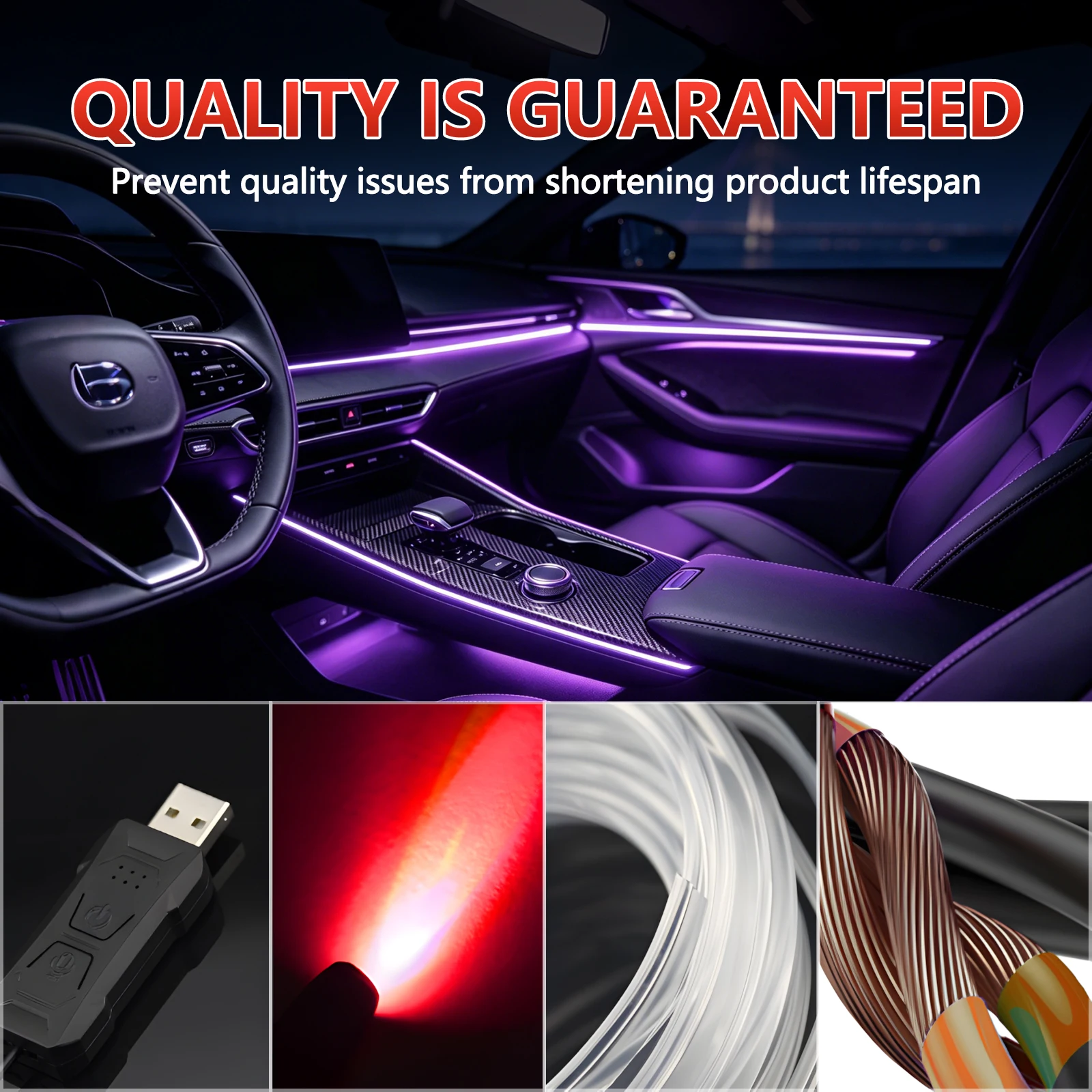 3m/4m/8m Auto-Ambientebeleuchtung LED-Innenraumleiste USB mit RGB 16 Millionen Farben Glasfaser-Neon-Dekorationslampe – Detail 5