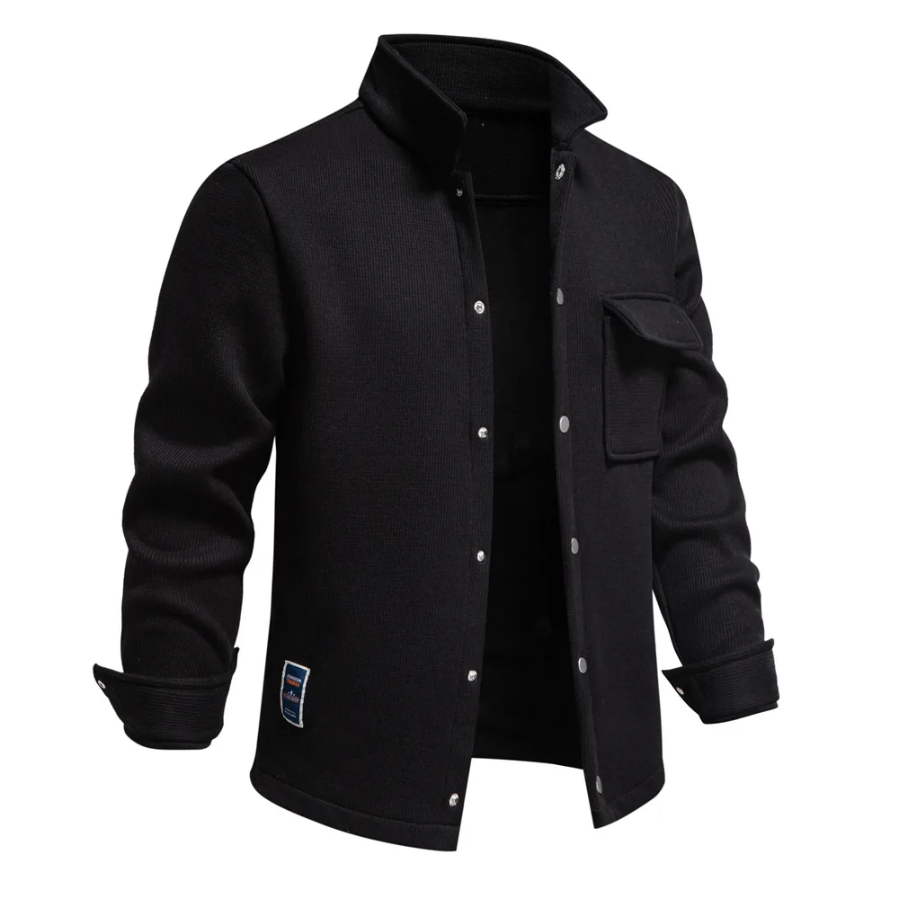Autumn Winter Fleece Waffle Lapel Zip-Up Jacket Men's Pocket Casual Outerwear