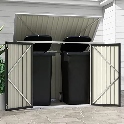 6x3 FT Horizontal Metal Shed, Outdoor Trash Can Storage Shed | Lockable Doors, Easy Lift Hinges, Garden Tools and