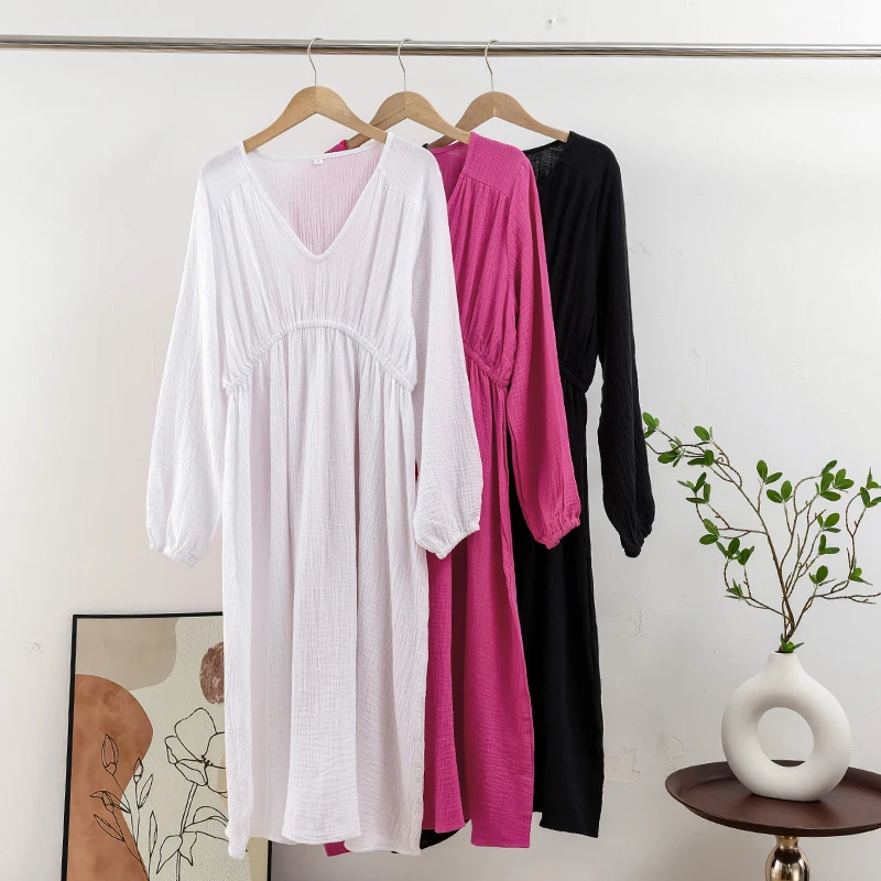 

Women Muslin Robe 100% Cotton Midi Dresses Long Sleeve Soild Loose High Waist A-Line Dress Elegant Lady Gown Christmas Clothing