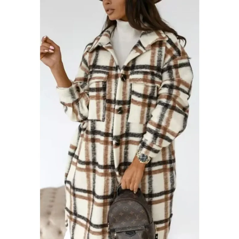 Medium and Long Woolen Coat Jackets Spring and Autumn Shirt Wool Coats Women\'s Plaid Polished Long Sleeve Pockets Blends Outwear