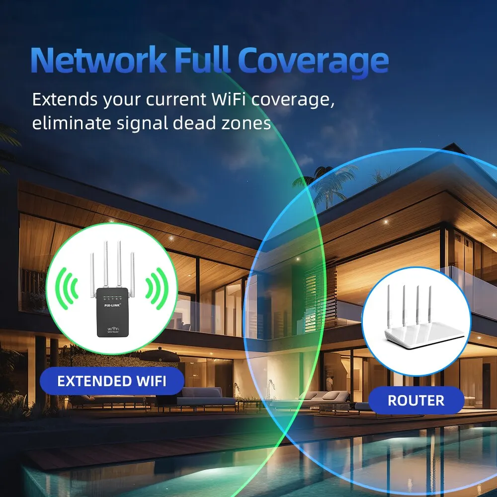 PIX-LINK WR09Q Wireless WiFi Repeater Router 300Mbps Network Signal Booster Amplifier IIEEE802.11 B /g/n WI FI Range Extender