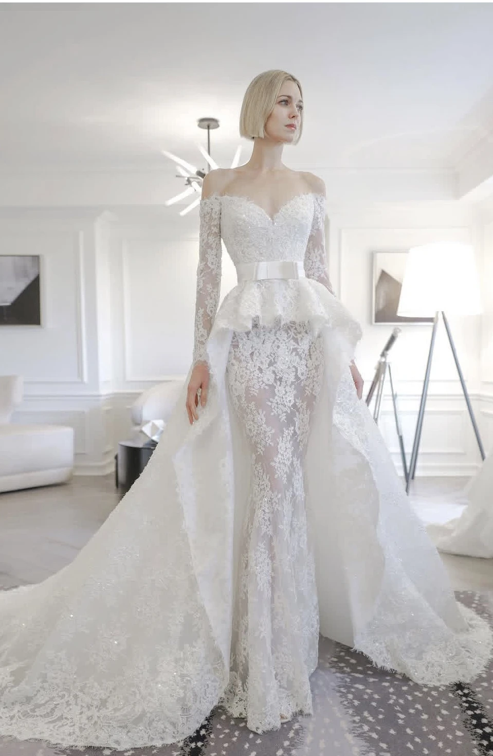 2 In I Lace Mermaid Wedding Dresses With Detachable Skirt Off Shoulder Long Sleeves Boho Beach Bridal Gowns Back Lace-Up Modern