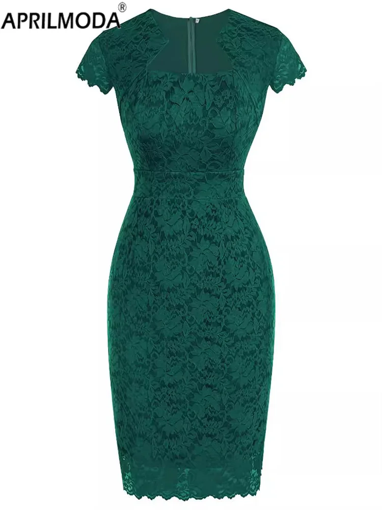 

2024 Solid Green Lace Sheath Party Women's Dress Elegant Short Sleeve Bandage Retro Vintage1950s Office OL Wrap Pencil Dresses