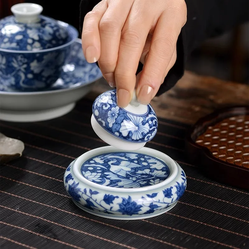 Jingdezhen Qitang Blue and White All-Way Lianke Lid Coaster Purple Clay Pot Cover Holder Tray Home Tea Ceremony Spare Parts