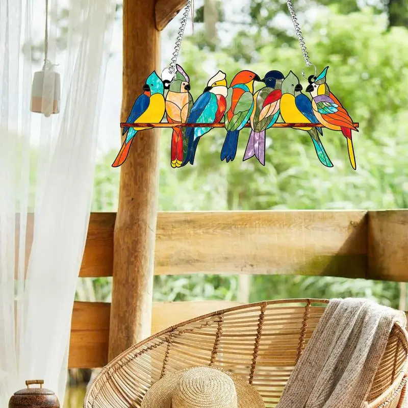 Stained Glass Birds Suction Cup Glass 7 Birds On Branch Window Ornaments With Thin Iron Chain Colorful Sun Catcher Wall Art