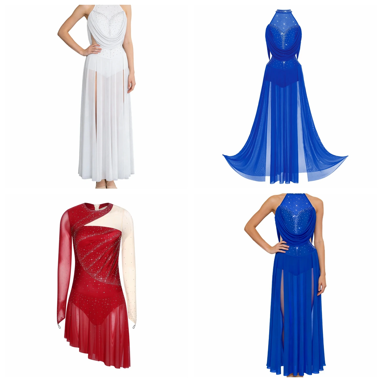 

Women Halter Lyrical Dance Costume Sleeveless Sparkly Rhinestones Backless Maxi Long Dress Modern Dance Clothing Skating Dress