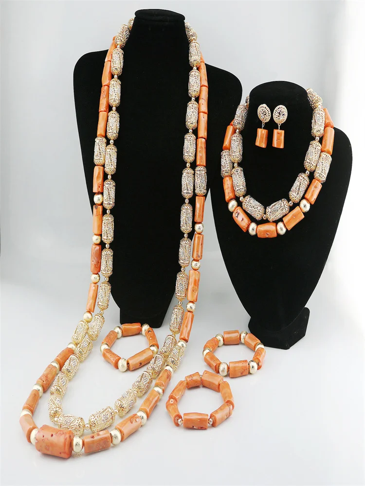 

2 Layers Real Coral Necklace Natural Coral Beads Jewelry Set For African Nigerian Weddings 2025 With Earring and Bracelet