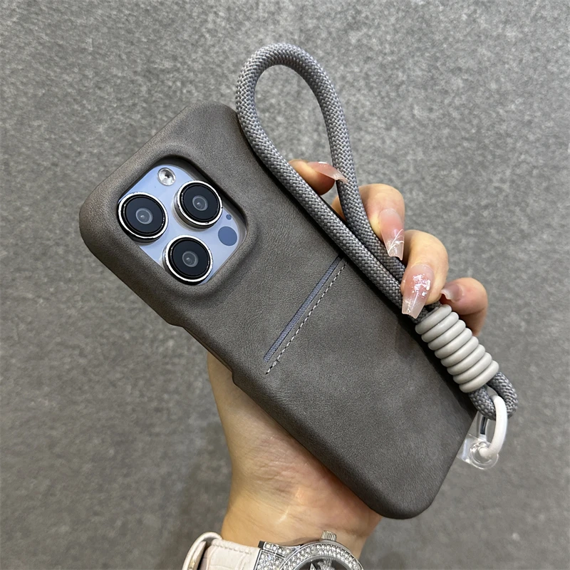 Luxury Matte Leather Slot Card Wallet Case For iPhone 16 Pro Max 15 14 Plus 13 12 With Wrist Strap Lanyard Cord Shockproof Cover image 2