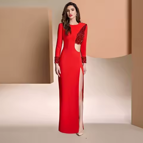 Modern Red Mother of the Bride Dress for Weddings Mermaid Evening Dress Floor Length Long Sleeves Wedding Party Gowns