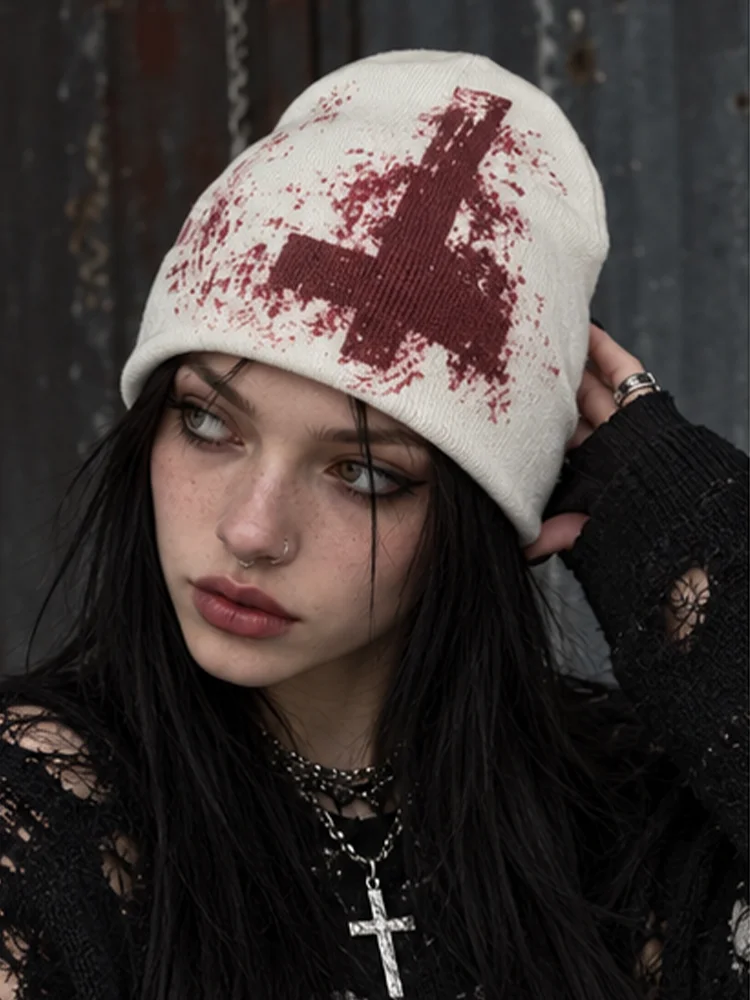 Y2K Grunge Knitted Beanie Cap Gothic Blood Splash Cross Print Soft Warm Winter Streetwear Hat for Men Women