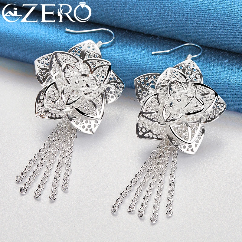 ALIZERO 925 Sterling Silver Big Flower Earrings For Women Tassel Drop Earring Lady Wedding Engagement Fashion Party Jewelry