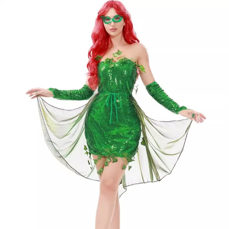 

Combhasaki Fairy Tinker Bell Costume Green Sexy Long Dress Tree Demon Sequins Clothes Women Role Play Outfit Dress Up Halloween