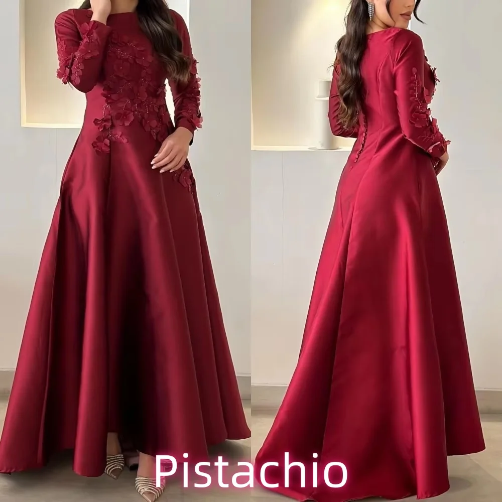 

Customized Exquisite Long Sleeve Women Prom Dress O Neck Charming A-line Flower Applique Party Dress Beading Evening Gown