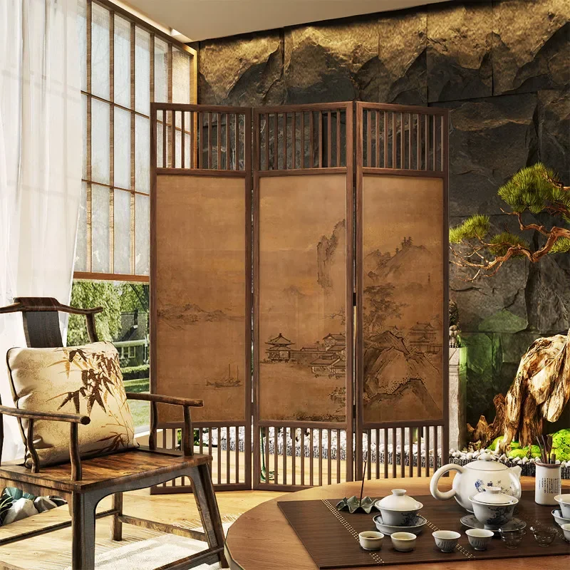 Ancient Landscape Painting Solid Wood Folding Screen Room Divider for Entryway Living Room Tea House Simple Background