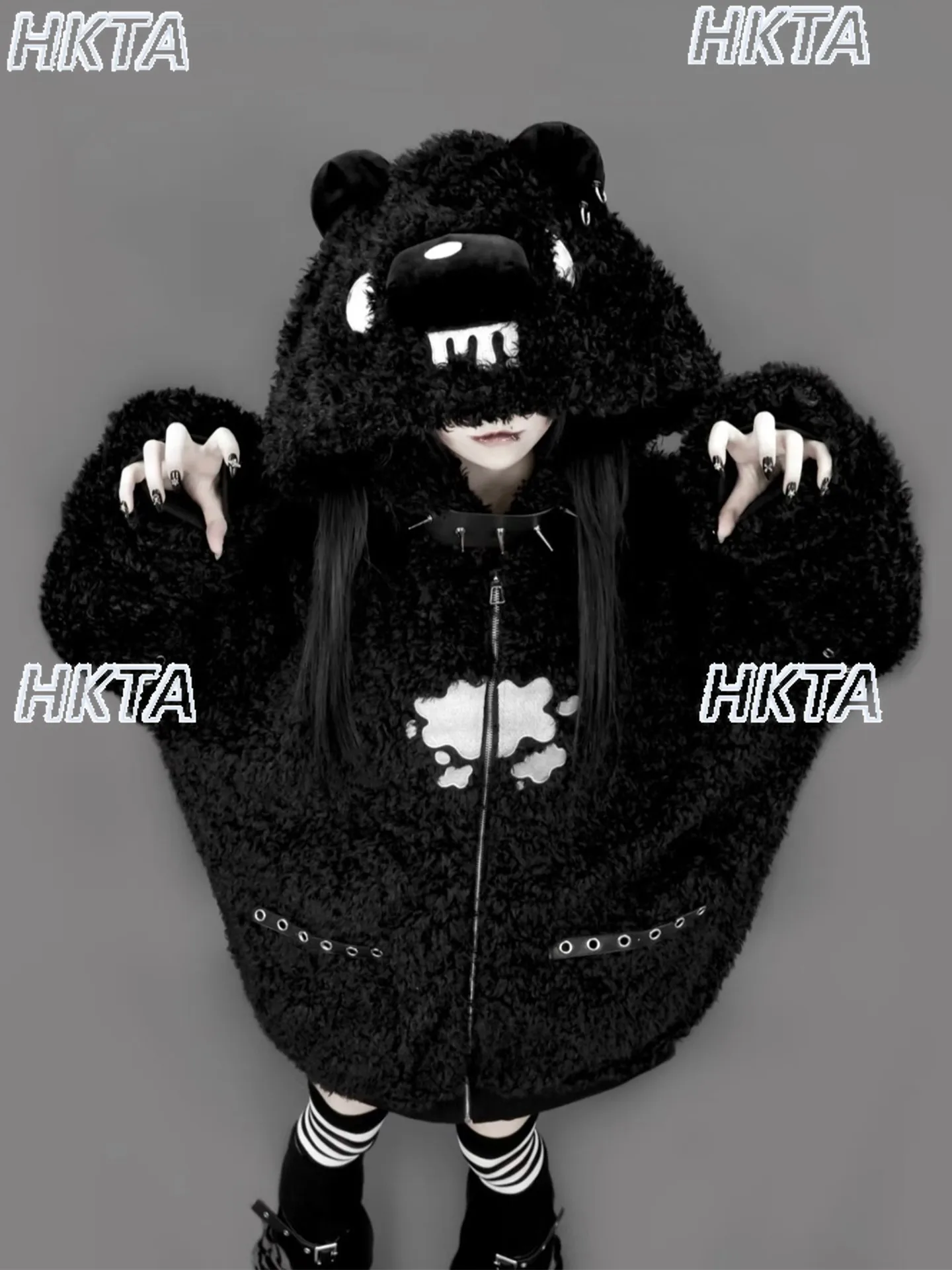 Japanese Cute Embroidered Plush Hooded Coat Medium Long Coats Winter New Subculture Y2k Goth Sweet Loose Cool Fur Jacket Women - view 2