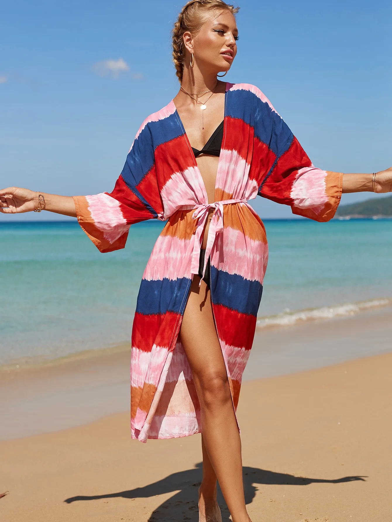 

Cotton Bohemain Beach Dress Summer Cover Ups for Swimwear Women Kimono Plage with Sleeve Plage on The Sea Striped Cardigan Tunic