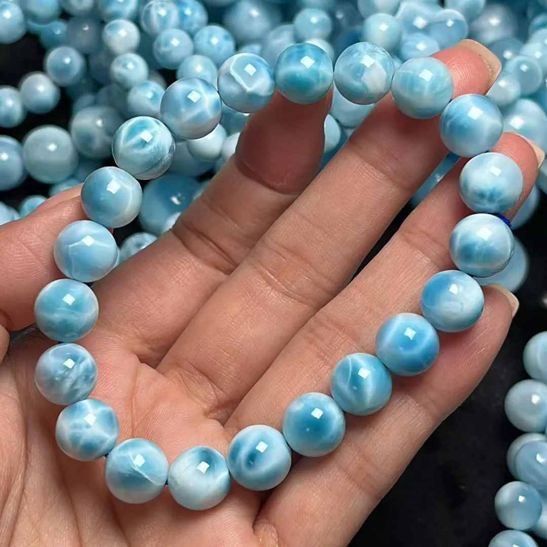 

Natural Blue Larimar Round Beads Bracelet Jewelry Women Men 9.8mm Pattern Larimar Water Pattern Gemstone Rare AAAAAA